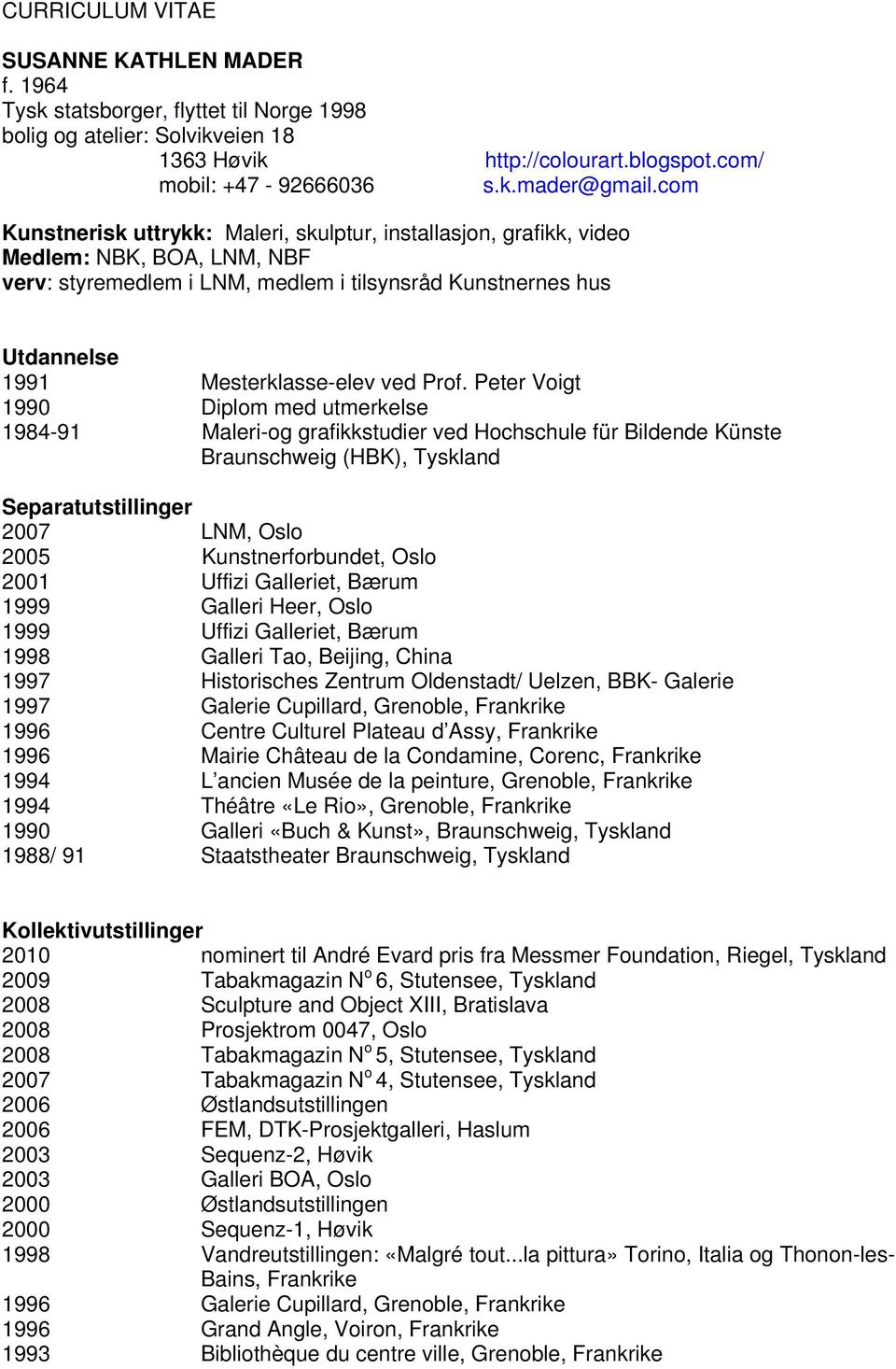 Prof. Peter Voigt 1990 Diplom med utmerkelse 1984-91 Maleri-og grafikkstudier ved Hochschule für Bildende Künste Braunschweig (HBK), Tyskland Separatutstillinger 2007 LNM, Oslo 2005