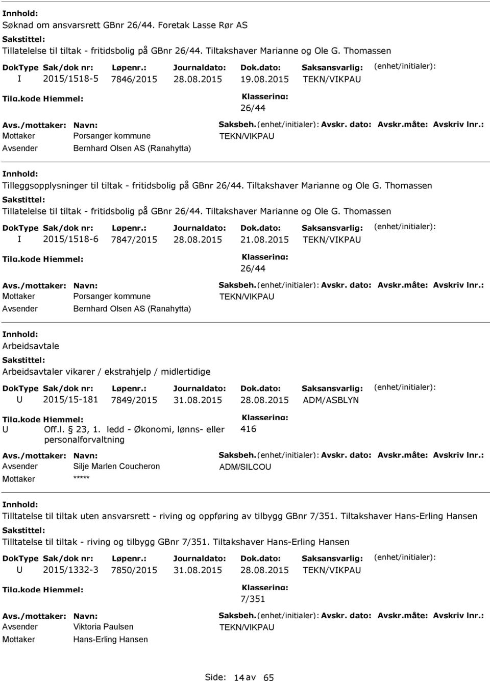 Thomassen Tillatelelse til tiltak - fritidsbolig på GBnr 26/44. Tiltakshaver Marianne og Ole G. Thomassen 2015/1518-6 7847/2015 21.08.