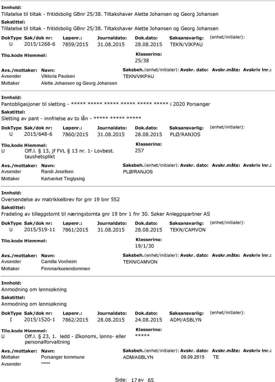 ***** ***** ***** ***** ***** ***** i 2020 Porsanger Sletting av pant - innfrielse av to lån - ***** ***** ***** 2015/648-6 7860/2015 PLØ/RANJOS 257 Avsender Randi Josefsen PLØ/RANJOS Mottaker