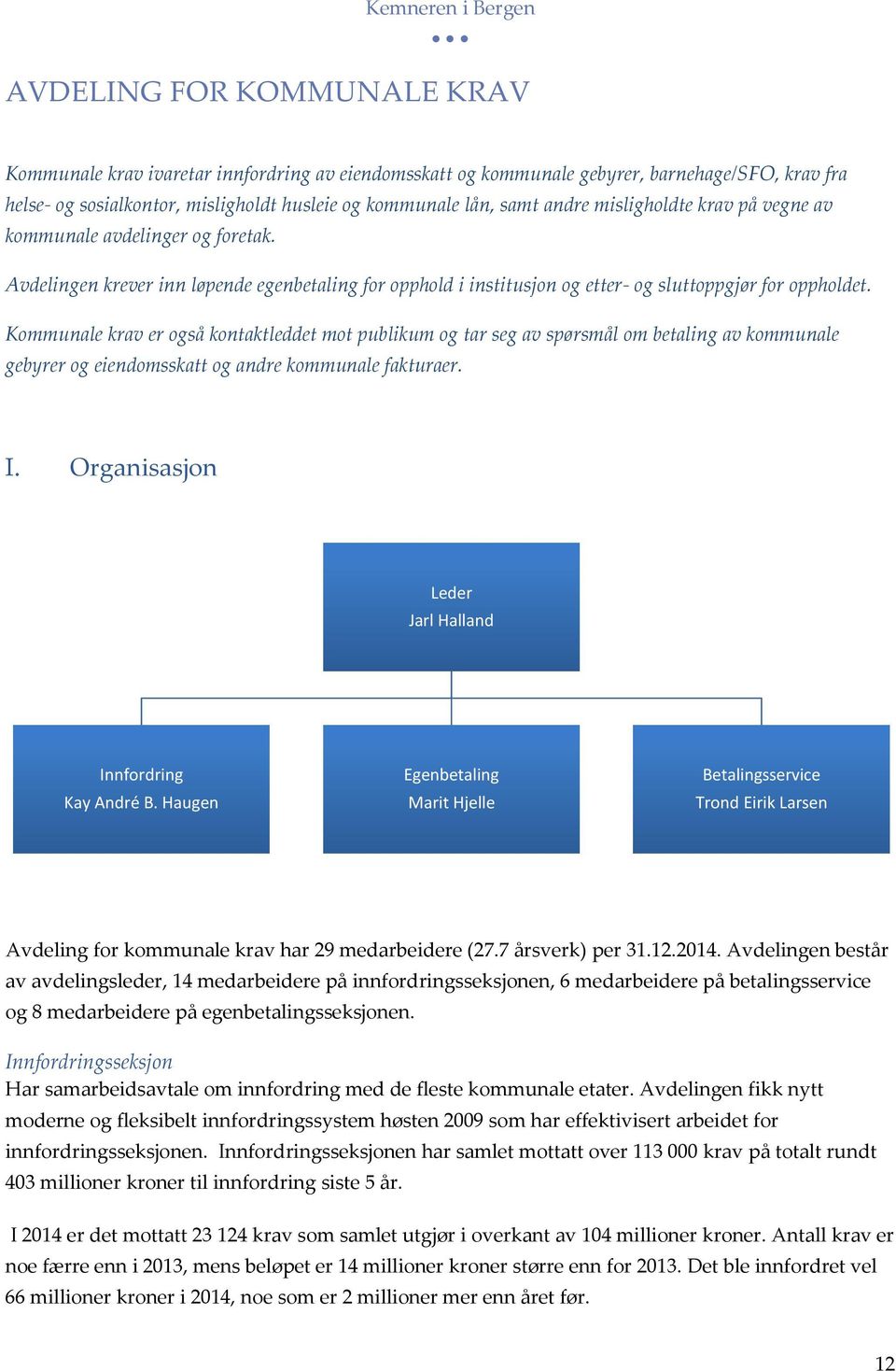 Kommunale krav er også kontaktleddet mot publikum og tar seg av spørsmål om betaling av kommunale gebyrer og eiendomsskatt og andre kommunale fakturaer. I.