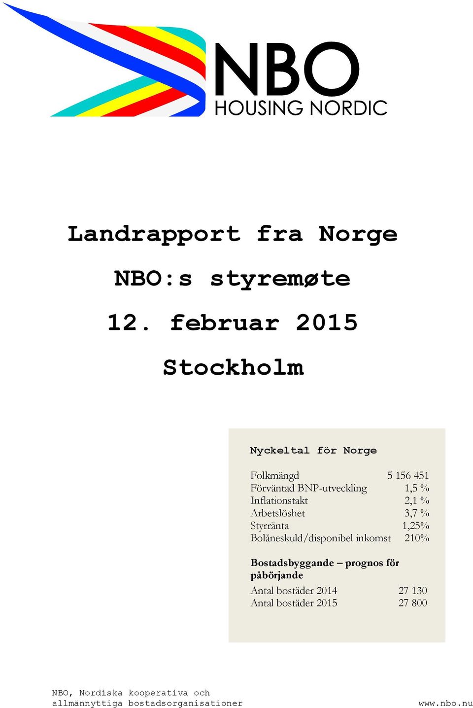 Inflationstakt 2,1 % Arbetslöshet 3,7 % Styrränta 1,25% Bolåneskuld/disponibel inkomst 210%