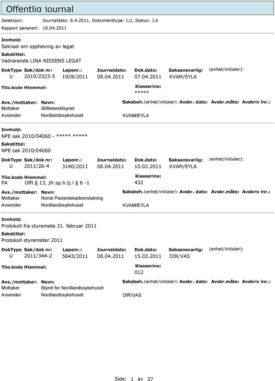 2011 KVAM/EYLA A Offl. 13, jfr.sp.h.tj.l 6-1 432 Avs./mottaker: Navn: Saksbeh. Avskr. dato: Avskr.måte: Avskriv lnr.