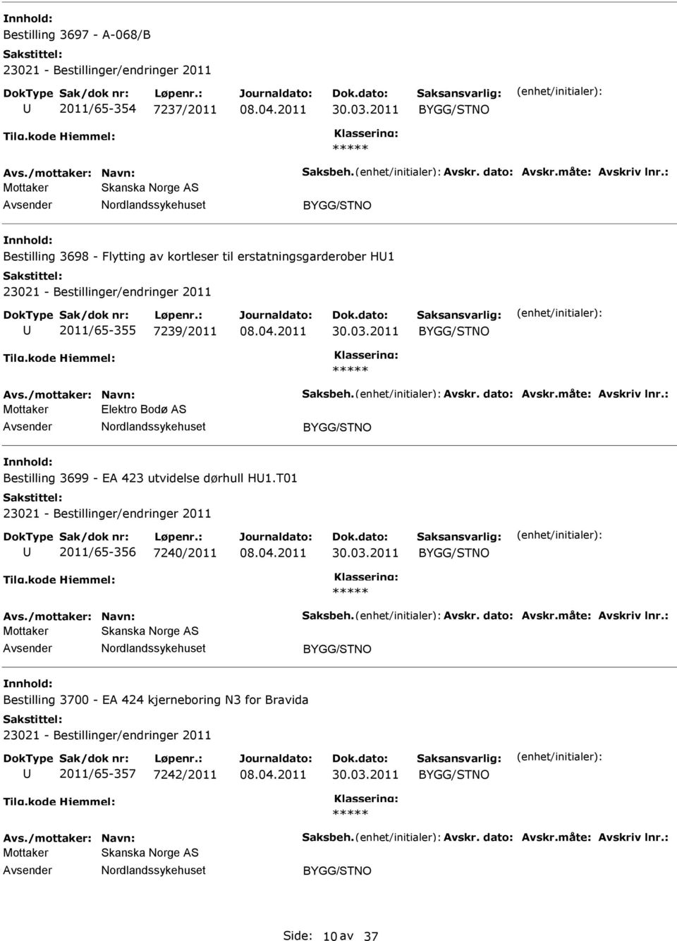 måte: Avskriv lnr.: Mottaker Elektro Bodø AS Bestilling 3699 - EA 423 utvidelse dørhull H1.T01 2011/65-356 7240/2011 30.03.2011 Avs./mottaker: Navn: Saksbeh.