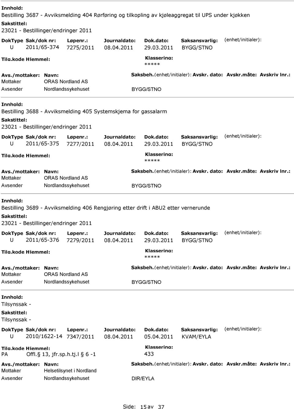 : Mottaker ORAS Nordland AS Bestilling 3689 - Avviksmelding 406 Rengjøring etter drift i AB2 etter vernerunde 2011/65-376 7279/2011 Avs./mottaker: Navn: Saksbeh. Avskr. dato: Avskr.måte: Avskriv lnr.