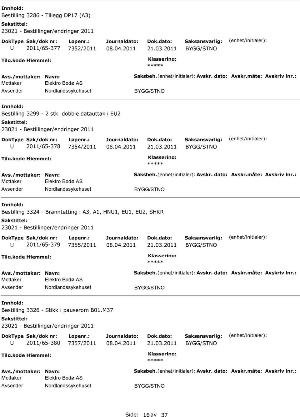 : Mottaker Elektro Bodø AS Bestilling 3324 - Branntetting i A3, A1, HN1, E1, E2, SHKR 2011/65-379 7355/2011 21.03.2011 Avs./mottaker: Navn: Saksbeh. Avskr. dato: Avskr.