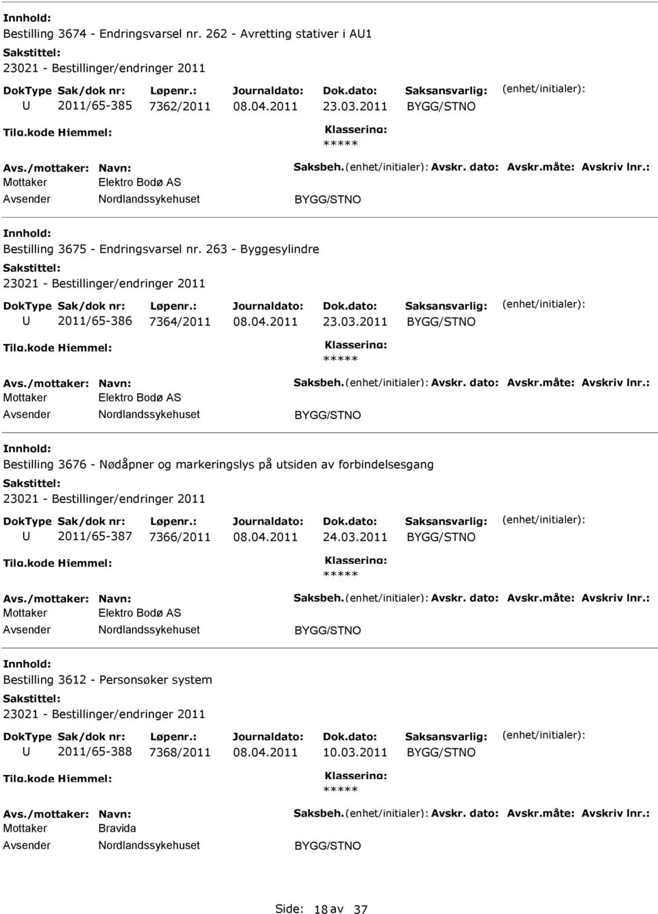 : Mottaker Elektro Bodø AS Bestilling 3676 - Nødåpner og markeringslys på utsiden av forbindelsesgang 2011/65-387 7366/2011 24.03.2011 Avs./mottaker: Navn: Saksbeh. Avskr. dato: Avskr.