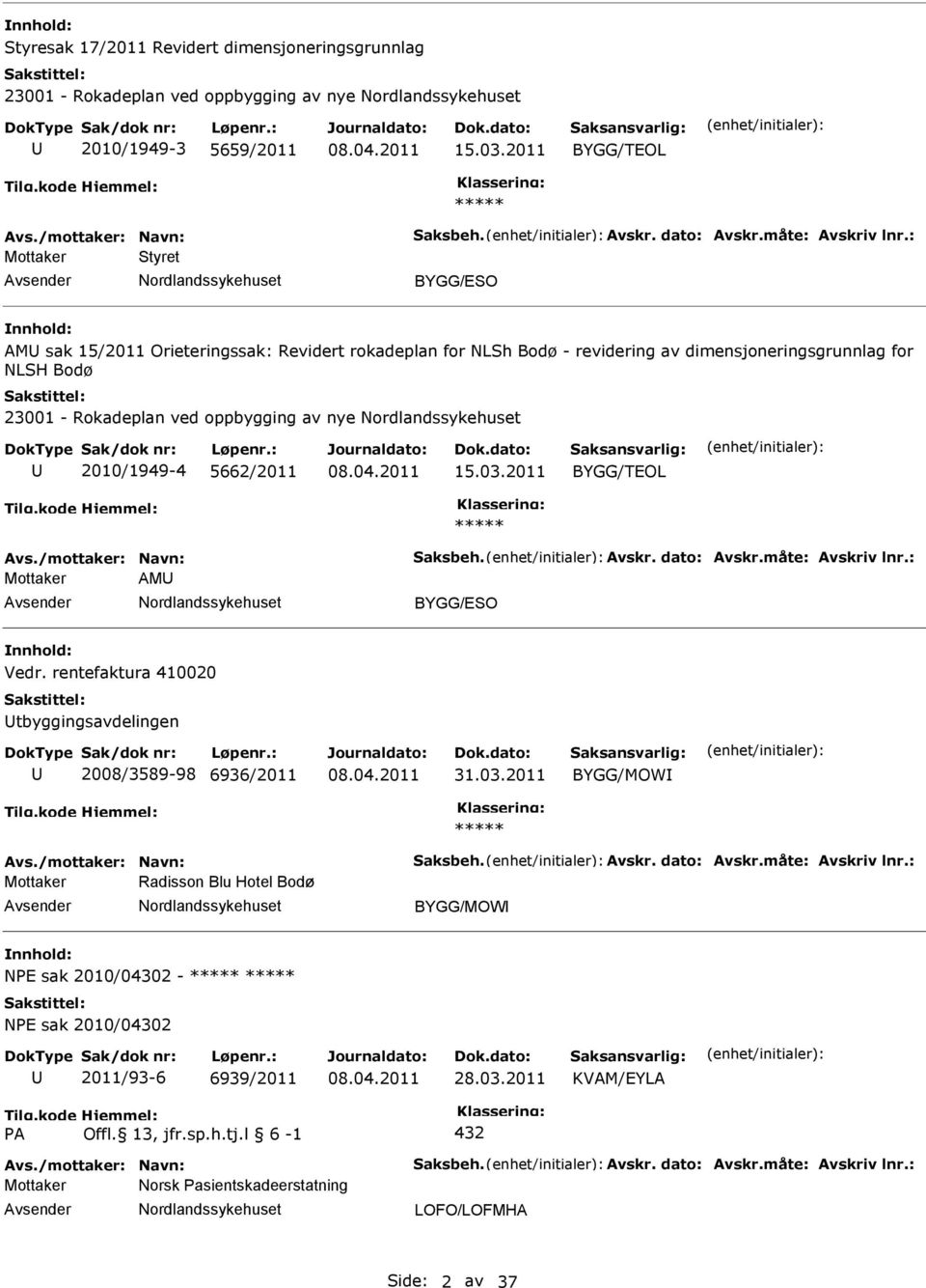 : Mottaker Styret BYGG/ESO AM sak 15/2011 Orieteringssak: Revidert rokadeplan for NLSh Bodø - revidering av dimensjoneringsgrunnlag for NLSH Bodø 23001 - Rokadeplan ved oppbygging av nye 2010/1949-4