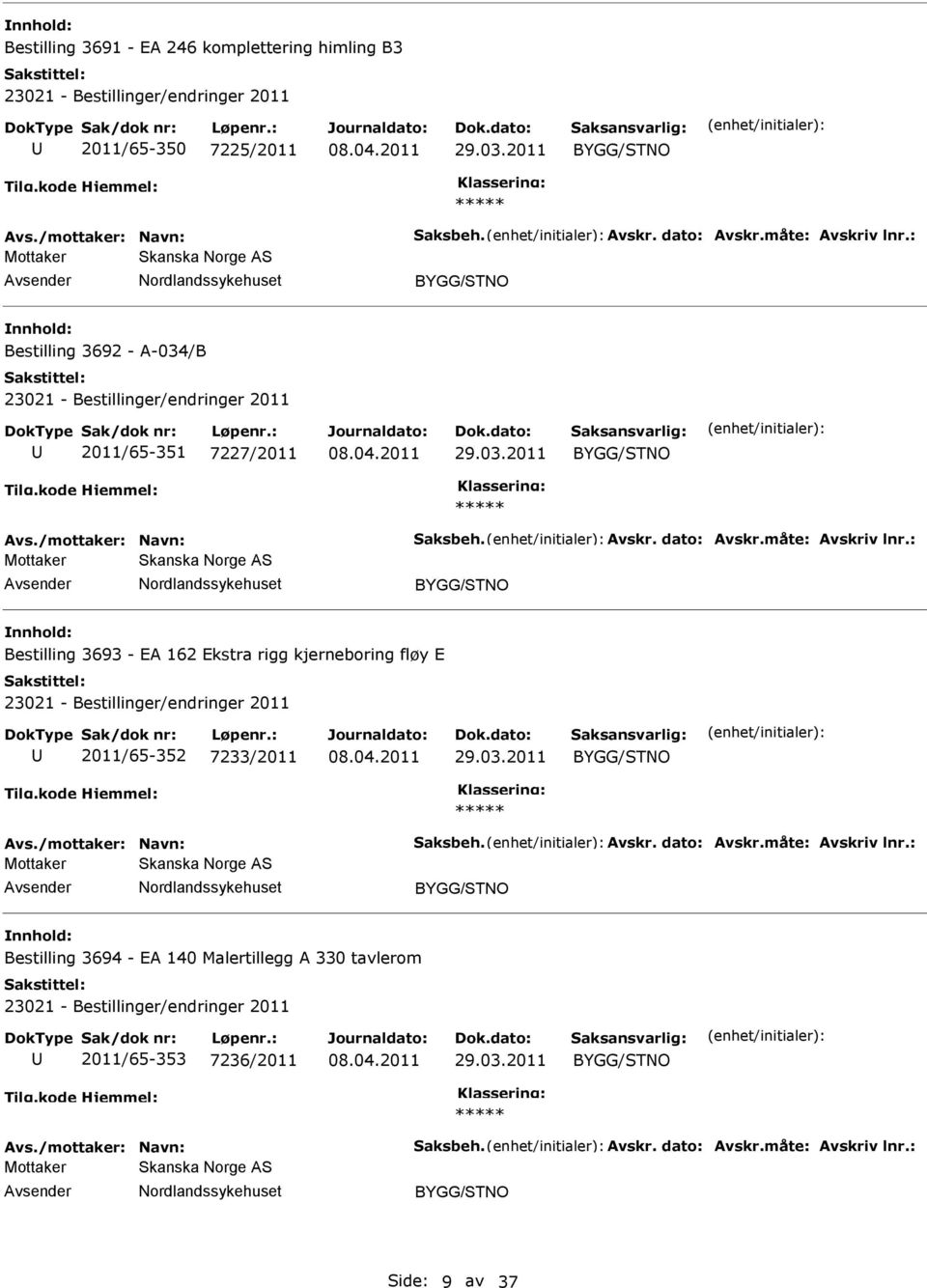 : Bestilling 3693 - EA 162 Ekstra rigg kjerneboring fløy E 2011/65-352 7233/2011 Avs./mottaker: Navn: Saksbeh. Avskr. dato: Avskr.