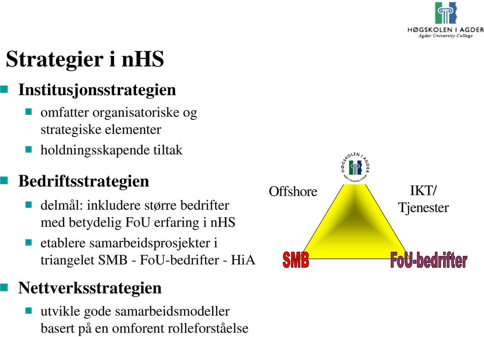 FoU erfaring i nhs etablere samarbeidsprosjekter i triangelet SMB - FoU-bedrifter - HiA