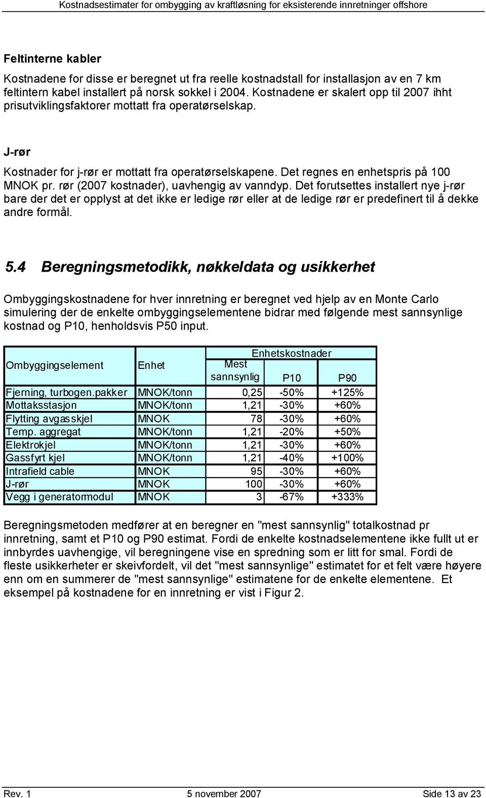 Det regnes en enhetspris på 100 MNOK pr. rør (2007 kostnader), uavhengig av vanndyp.