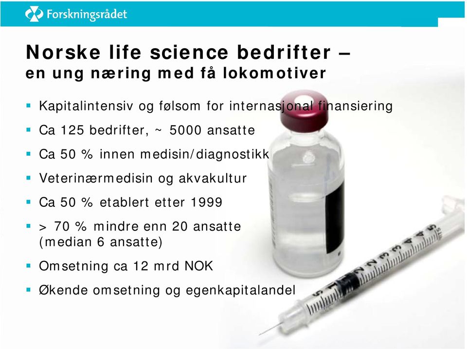 medisin/diagnostikk Veterinærmedisin og akvakultur Ca 50 % etablert etter 1999 > 70 %