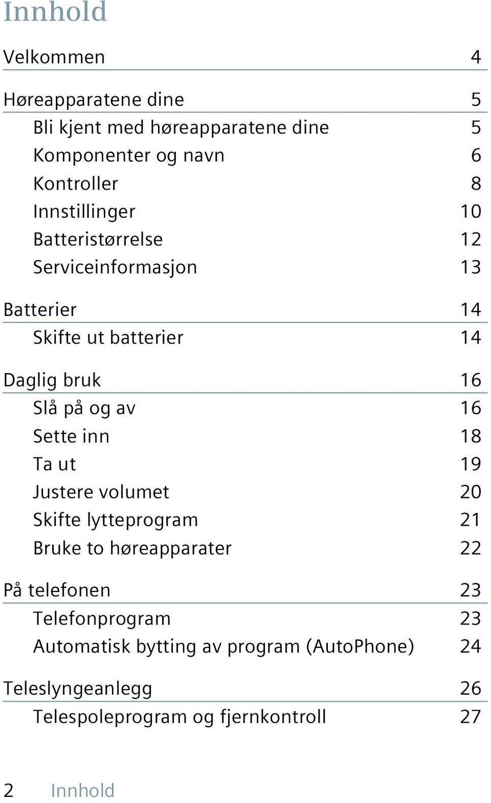 og av 16 Sette inn 18 Ta ut 19 Justere volumet 20 Skifte lytteprogram 21 Bruke to høreapparater 22 På telefonen 23