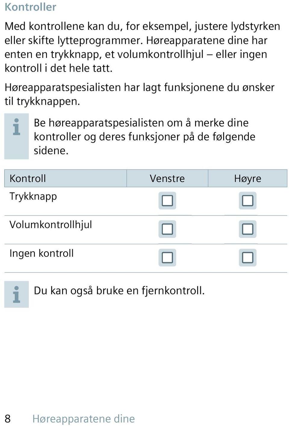 Høreapparatspesialisten har lagt funksjonene du ønsker til trykknappen.