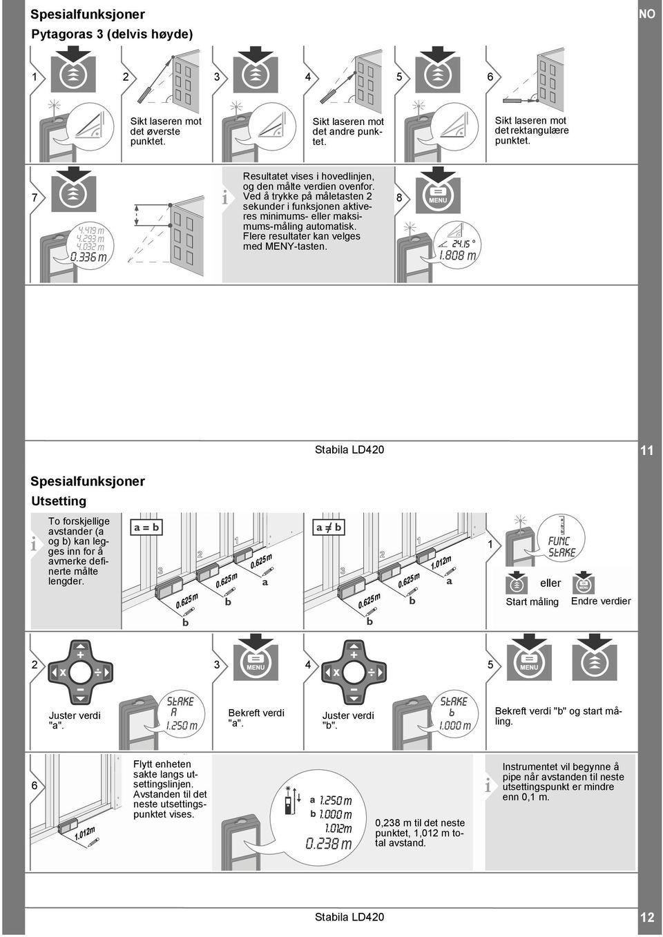 0 m Stabla LD40 Spesalfunksjoner Utsettng To forskjellge avstander (a og b) kan legges nn for å avmerke defnerte målte lengder.