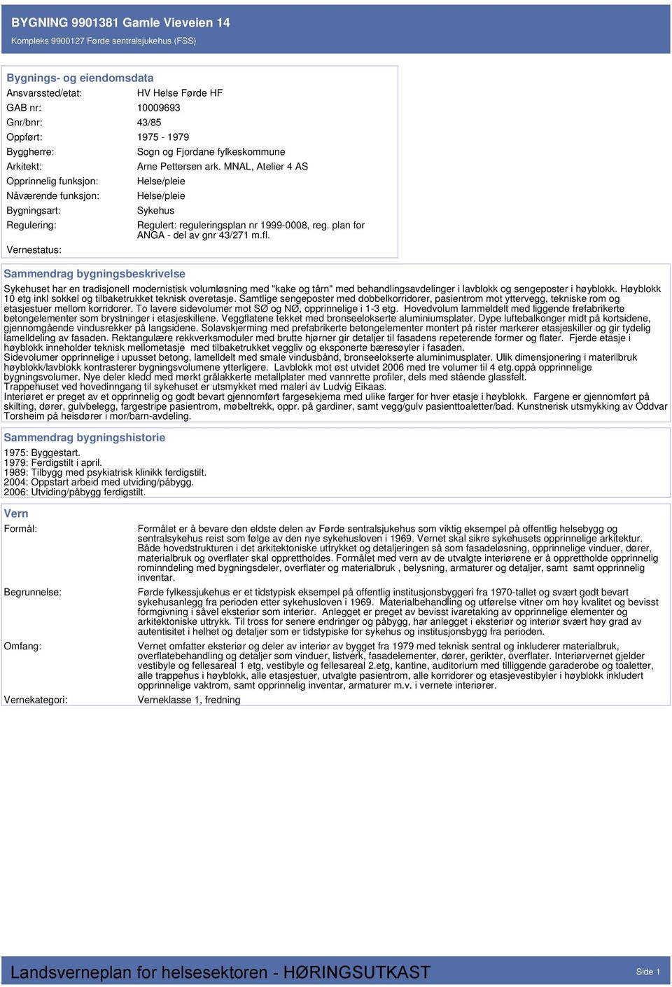 MNAL, Atelier 4 AS Helse/pleie Helse/pleie Sykehus Sammendrag bygningsbeskrivelse Regulert: reguleringsplan nr 1999-0008, reg. plan for ANGA - del av gnr 43/271 m.fl.