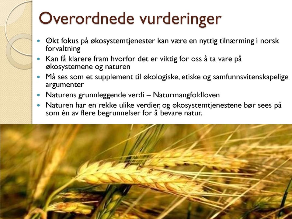 økologiske, etiske og samfunnsvitenskapelige argumenter Naturens grunnleggende verdi Naturmangfoldloven Naturen