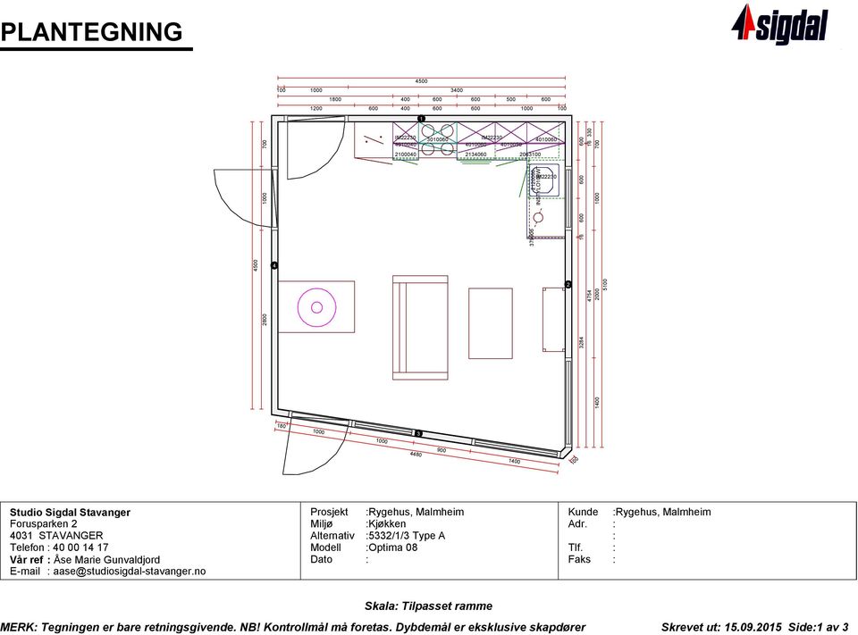 Vår ref Åse Marie Gunvaldjord E-mail aase@studiosigdal-stavanger.no Prosjekt Rygehus, Malmheim Miljø Kjøkken Alternativ 5332/1/3 Type A Dato Tlf.