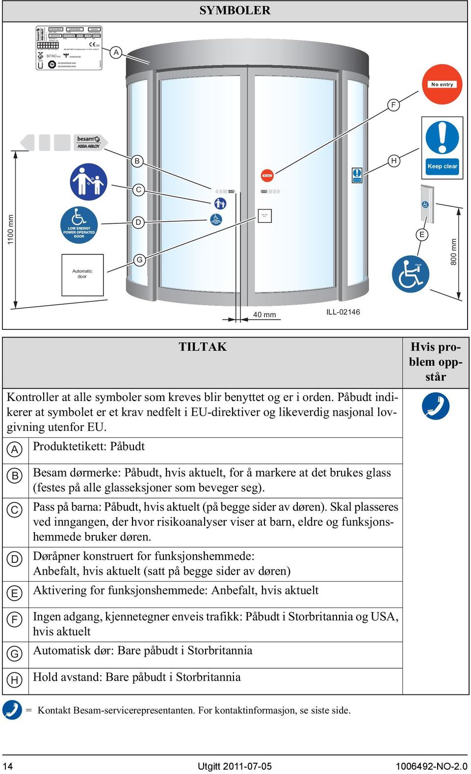 E 800 mm Automatic door 40 mm ILL-02146 TILTAK Hvis problem oppstår Kontroller at alle symboler som kreves blir benyttet og er i orden.