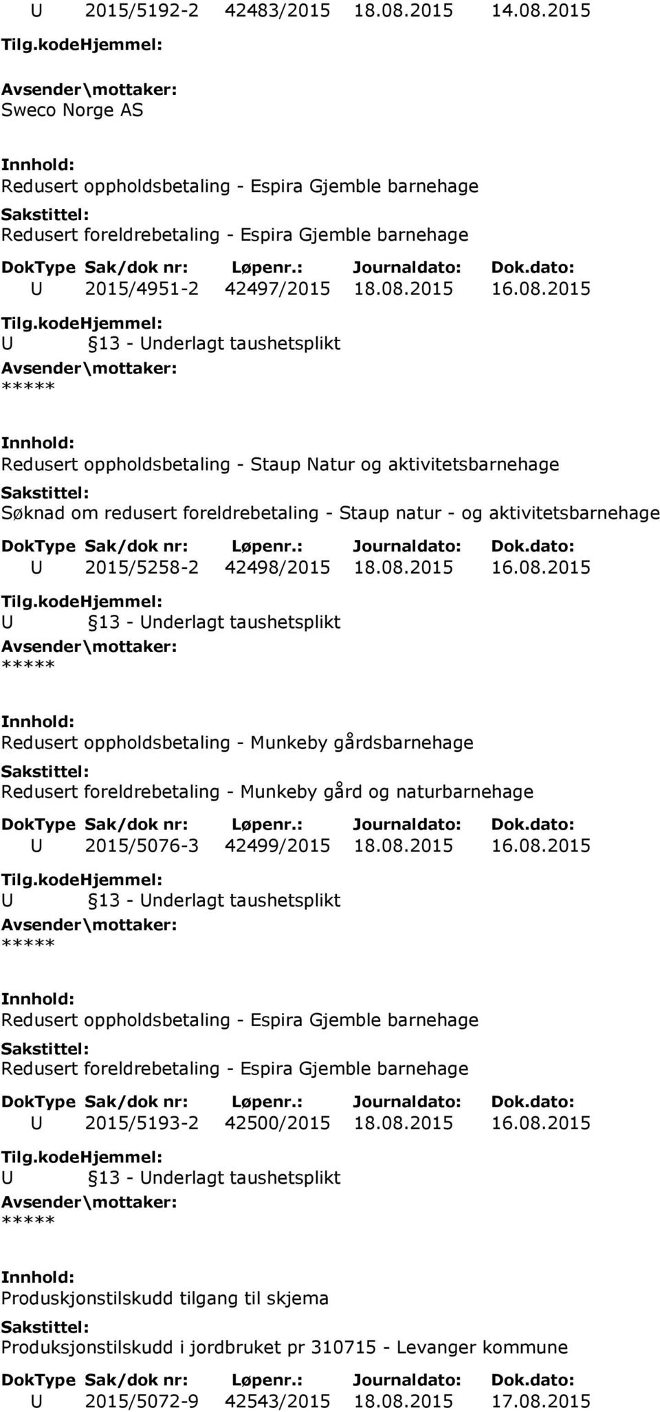 08.2015 16.08.2015 Redusert oppholdsbetaling - Espira Gjemble barnehage Redusert foreldrebetaling - Espira Gjemble barnehage U 2015/5193-2 42500/2015 18.08.2015 16.08.2015 Produskjonstilskudd tilgang til skjema Produksjonstilskudd i jordbruket pr 310715 - Levanger kommune U 2015/5072-9 42543/2015 18.