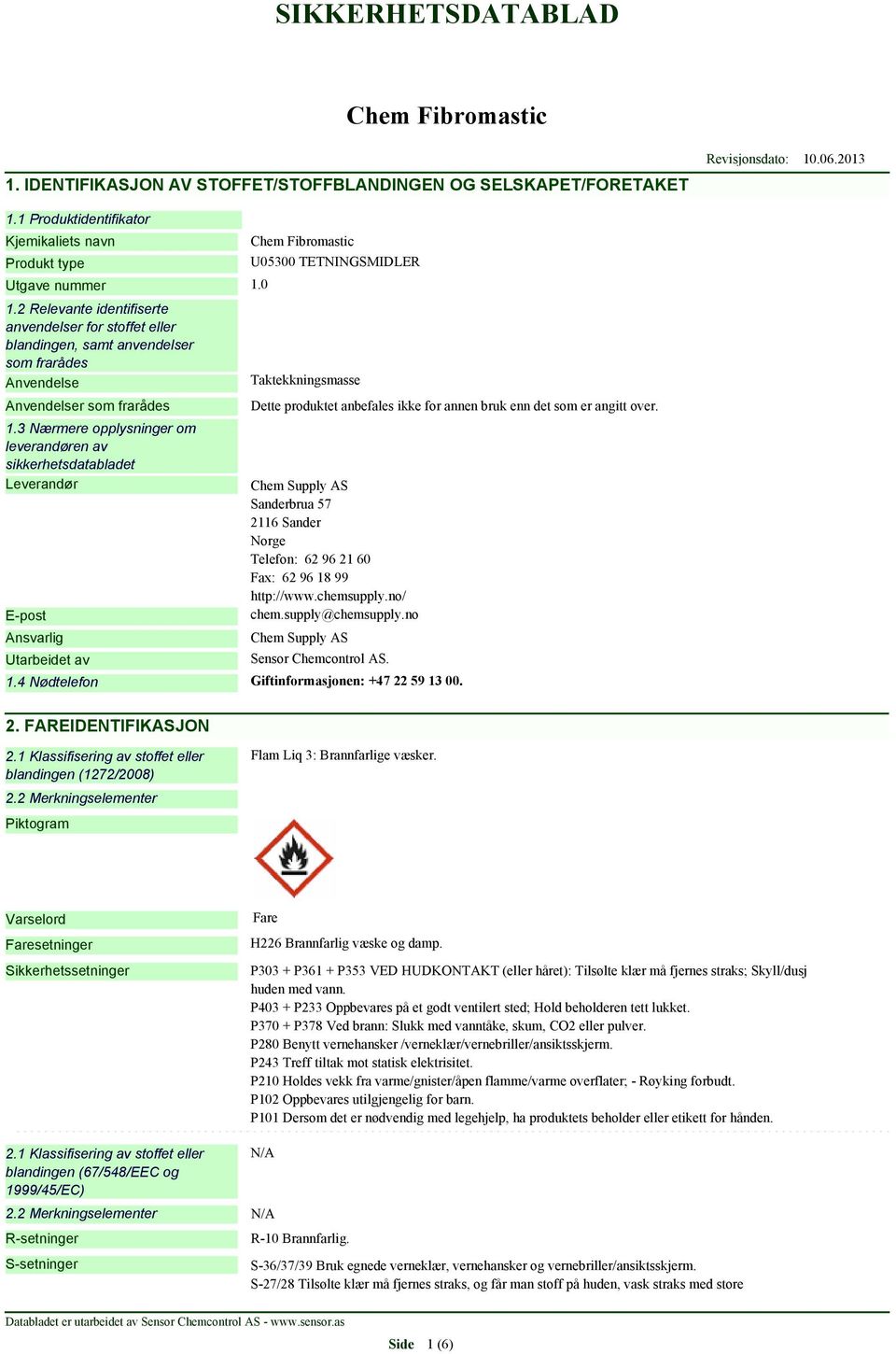 3 Nærmere opplysninger om leverandøren av sikkerhetsdatabladet Leverandør E-post Ansvarlig Utarbeidet av U05300 TETNINGSMIDLER Taktekkningsmasse Dette produktet anbefales ikke for annen bruk enn det