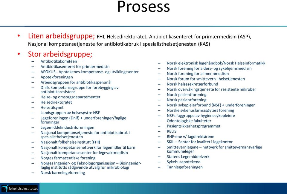 forebygging av antibiotikaresistens Helse- og omsorgsdepartementet Helsedirektoratet Helsetilsynet Landsgruppen av helsesøstre NSF Legeforeningen (Dnlf) + underforeninger/faglige foreninger