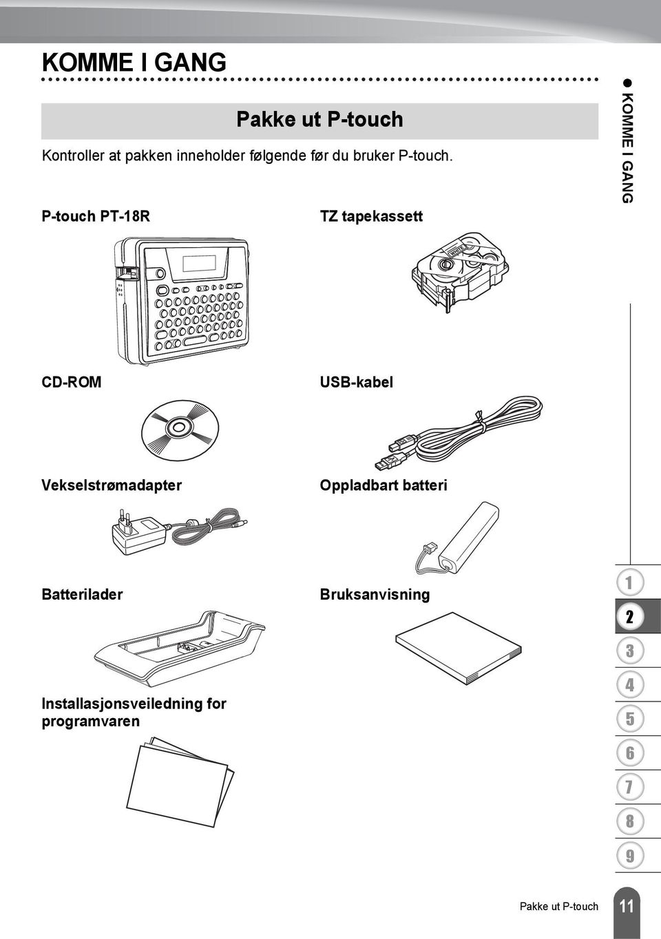 P-touch PT-R TZ tapekassett KOMME I GANG CD-ROM USB-kabel