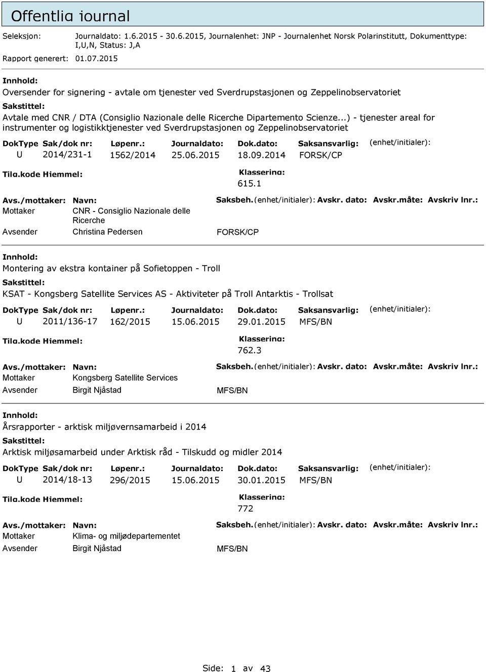 ..) - tjenester areal for instrumenter og logistikktjenester ved Sverdrupstasjonen og Zeppelinobservatoriet 2014/231-1 1562/2014 25.06.2015 18.09.2014 FORSK/C 615.