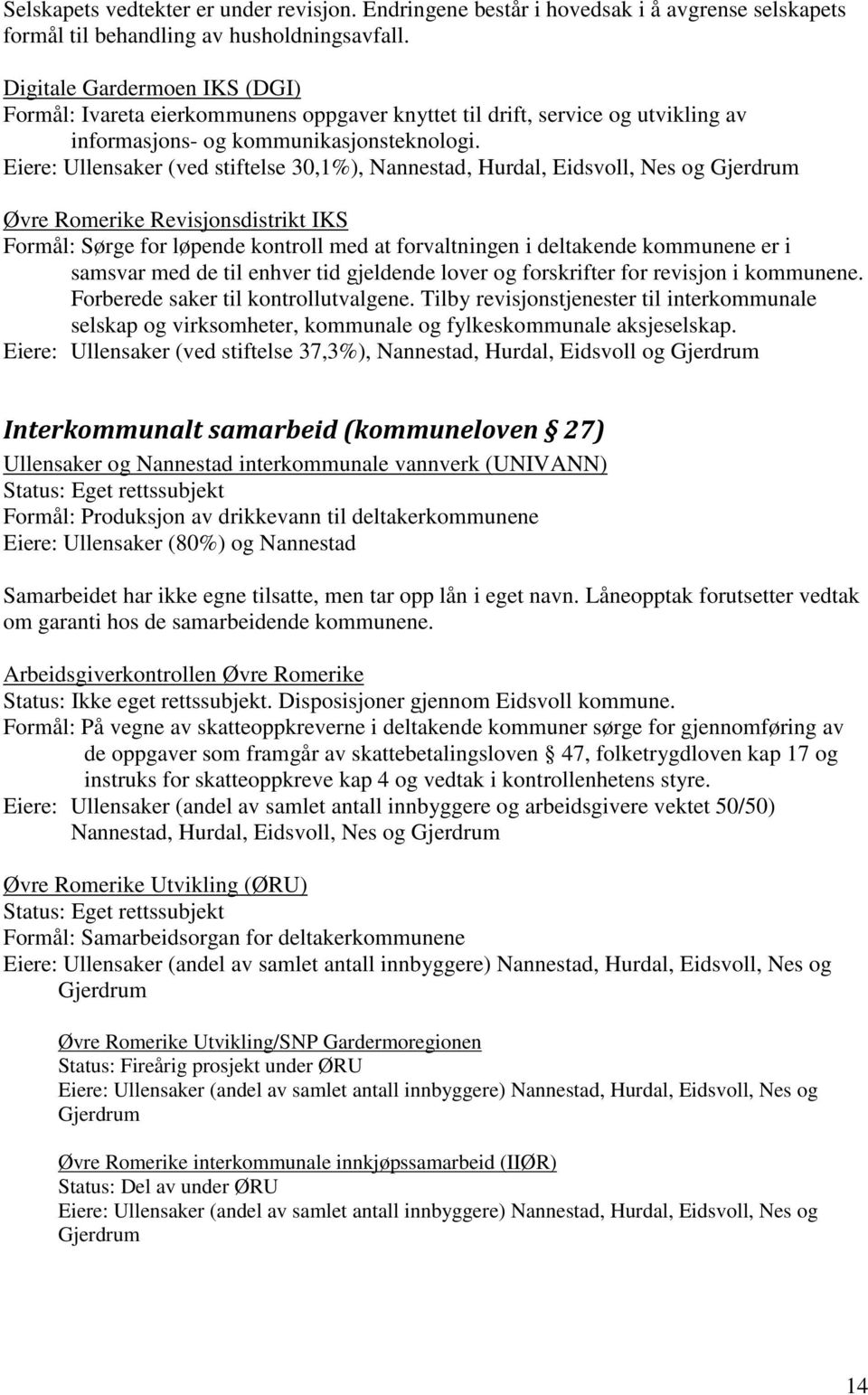 Eiere: Ullensaker (ved stiftelse 30,1%), Nannestad, Hurdal, Eidsvoll, Nes og Gjerdrum Øvre Romerike Revisjonsdistrikt IKS Formål: Sørge for løpende kontroll med at forvaltningen i deltakende