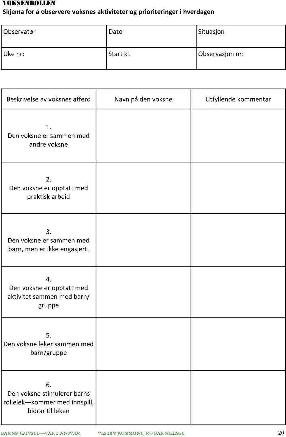 Den voksne er opptatt med praktisk arbeid 3. Den voksne er sammen med barn, men er ikke engasjert. 4.