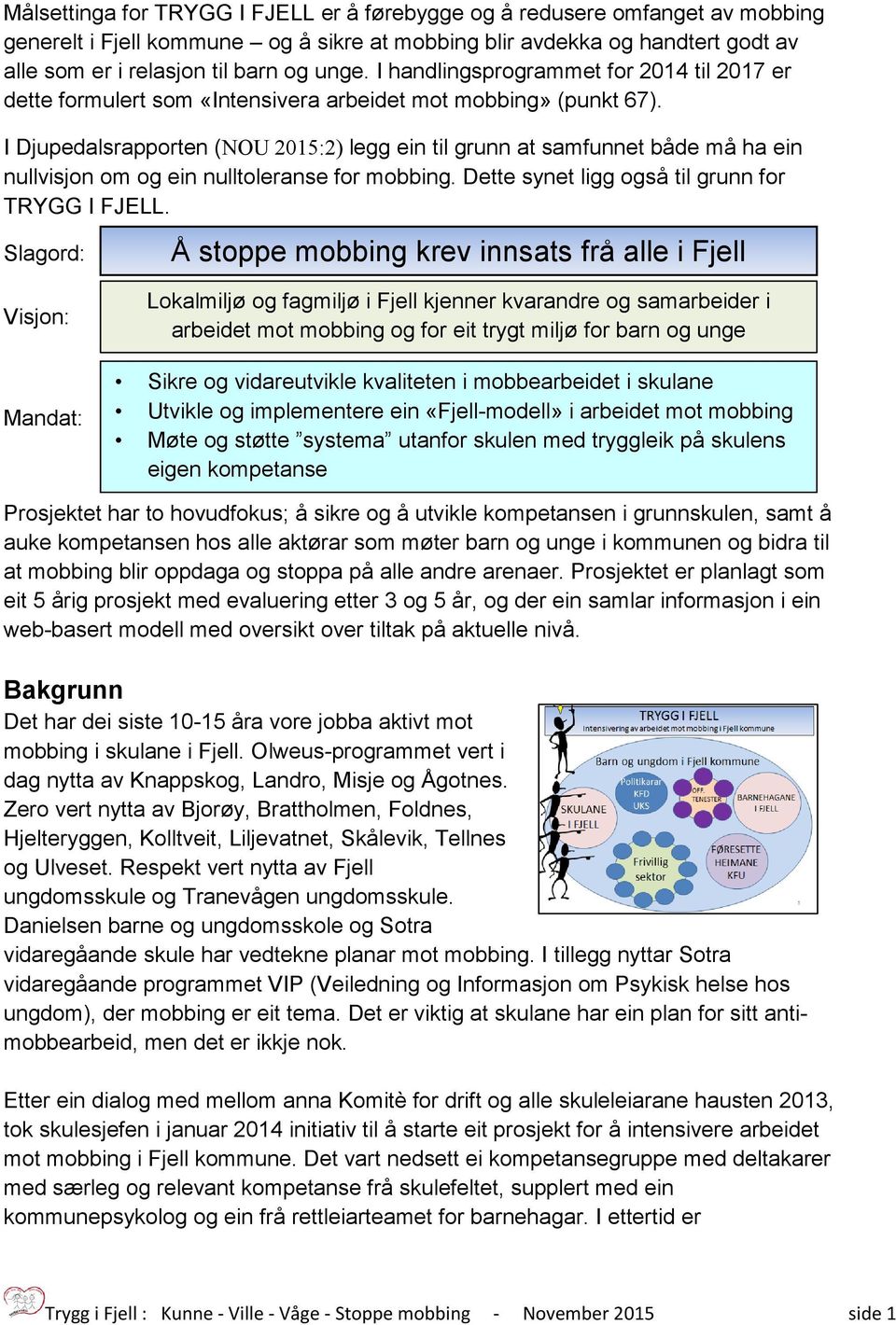 I Djupedalsrapporten (NOU 2015:2) legg ein til grunn at samfunnet både må ha ein nullvisjon om og ein nulltoleranse for mobbing. Dette synet ligg også til grunn for TRYGG I FJELL.