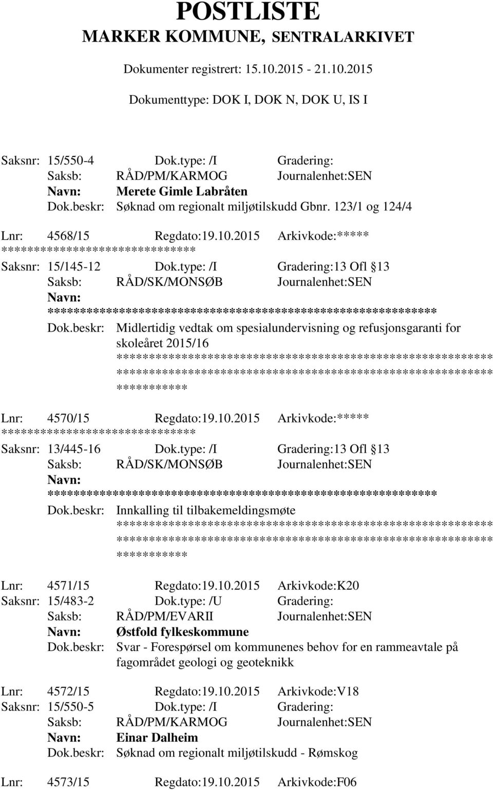 beskr: Midlertidig vedtak om spesialundervisning og refusjonsgaranti for skoleåret 2015/16 Lnr: 4570/15 Regdato:19.10.2015 Arkivkode:***** ******** Saksnr: 13/445-16 Dok.