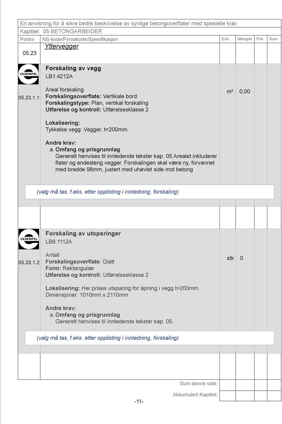 Forskalingen skal være ny, forvannet med bredde 98mm, justert med uhøvlet side mot betong m 2 0,00 (valg må tas, f.eks. etter opplisting i innledning, forskaling) Forskaling av utsparinger LB8.