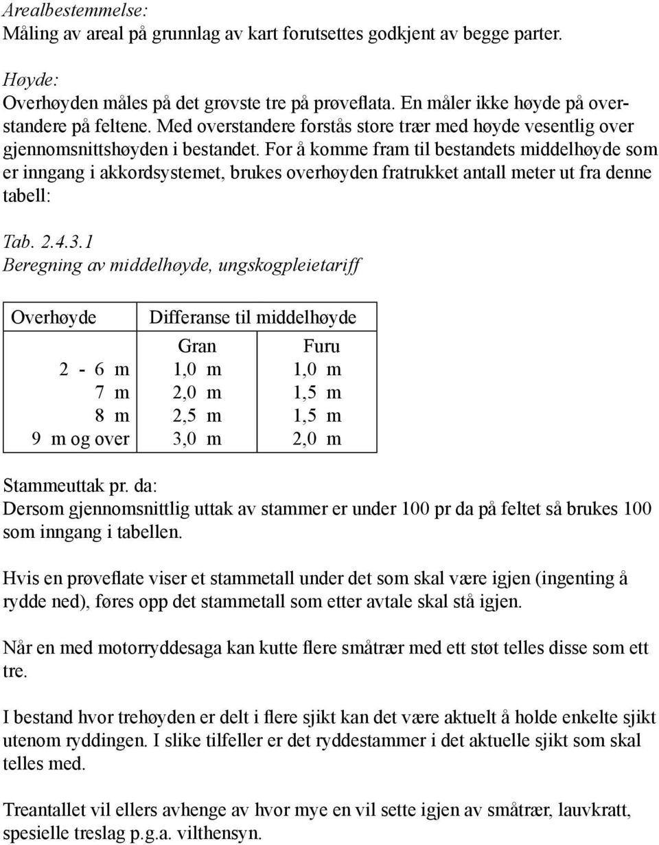 For å komme fram til bestandets middelhøyde som er inngang i akkordsystemet, brukes overhøyden fratrukket antall meter ut fra denne tabell: Tab. 2.4.3.