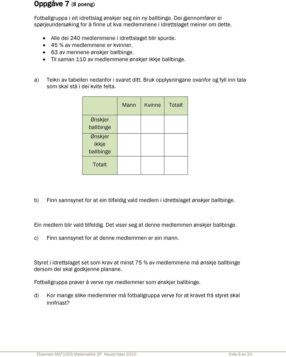 a) Teikn av tabellen nedanfor i svaret ditt. Bruk opplysningane ovanfor og fyll inn tala som skal stå i dei kvite felta.