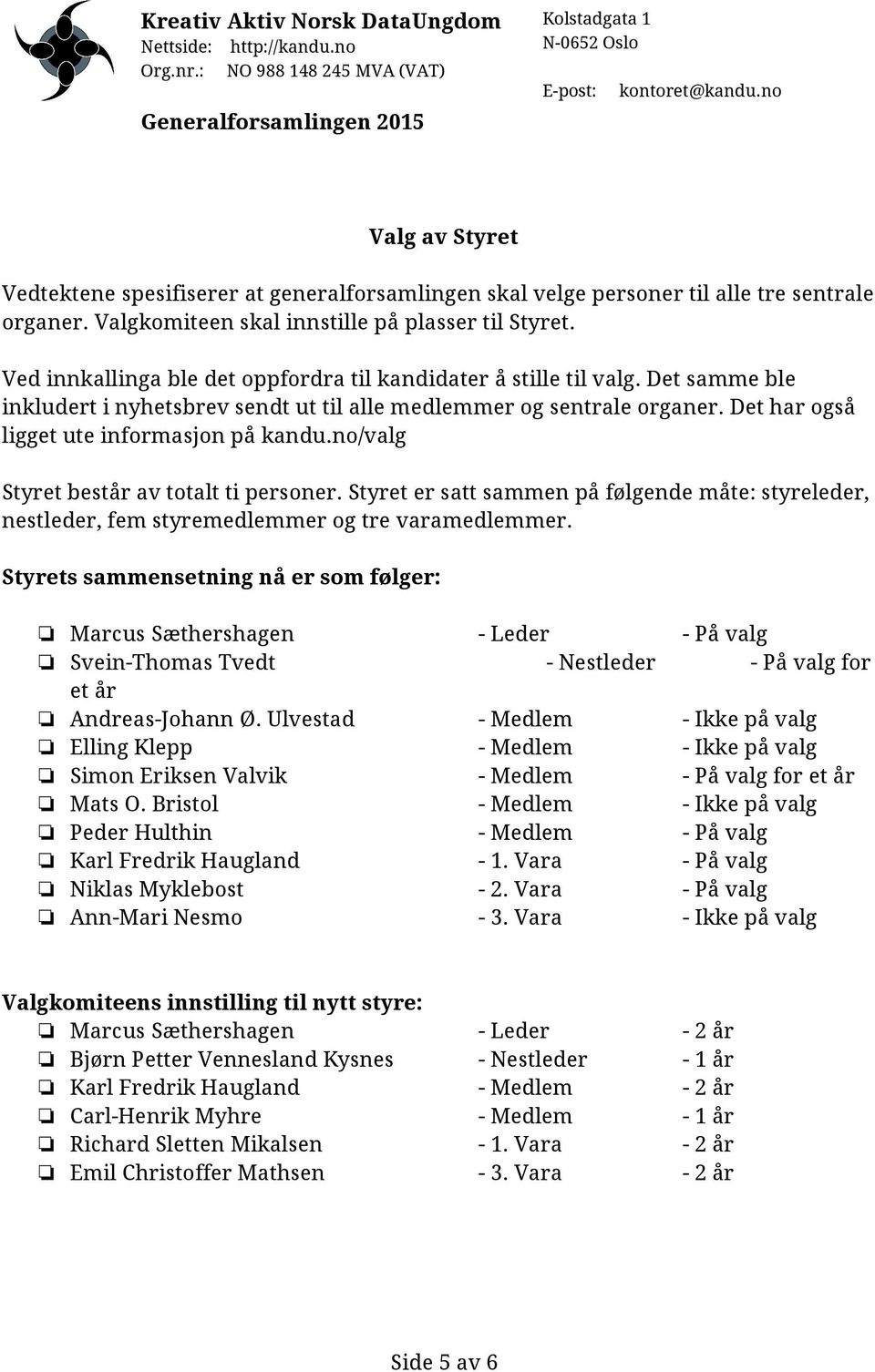 no/valg Styret består av totalt ti personer. Styret er satt sammen på følgende måte: styreleder, nestleder, fem styremedlemmer og tre varamedlemmer.