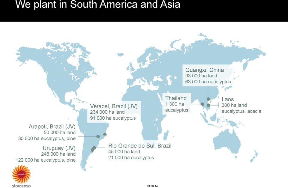 eucalyptus, pine Veracel, Brazil (JV) 234 000 ha land 91 000 ha eucalyptus Rio Grande do Sul,