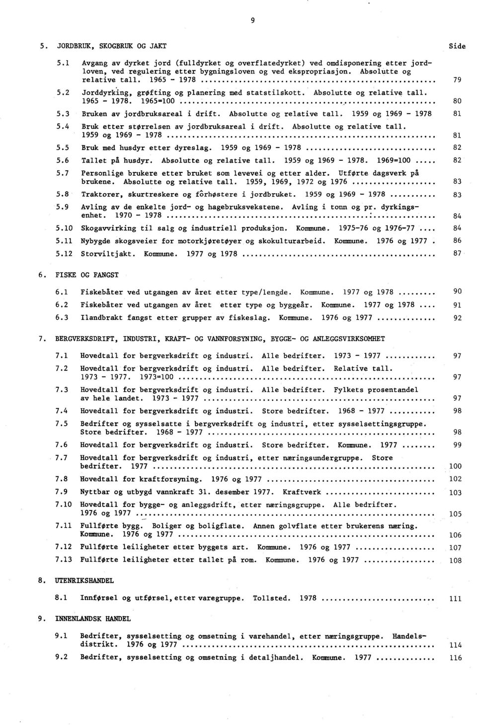 Absolutte og relative tall. 1959 og 1969-1978 81 5.4 Bruk etter størrelsen av jordbruksareal i drift. Absolutte og relative tall. 1959 og 1969-1978 81 5.5 Bruk med husdyr etter dyreslag.