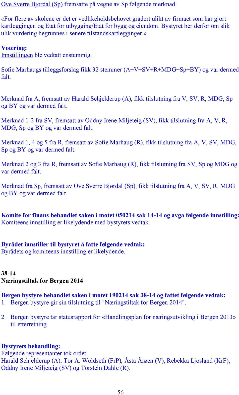 Sofie Marhaugs tilleggsforslag fikk 32 stemmer (A+V+SV+R+MDG+Sp+BY) og var dermed falt.