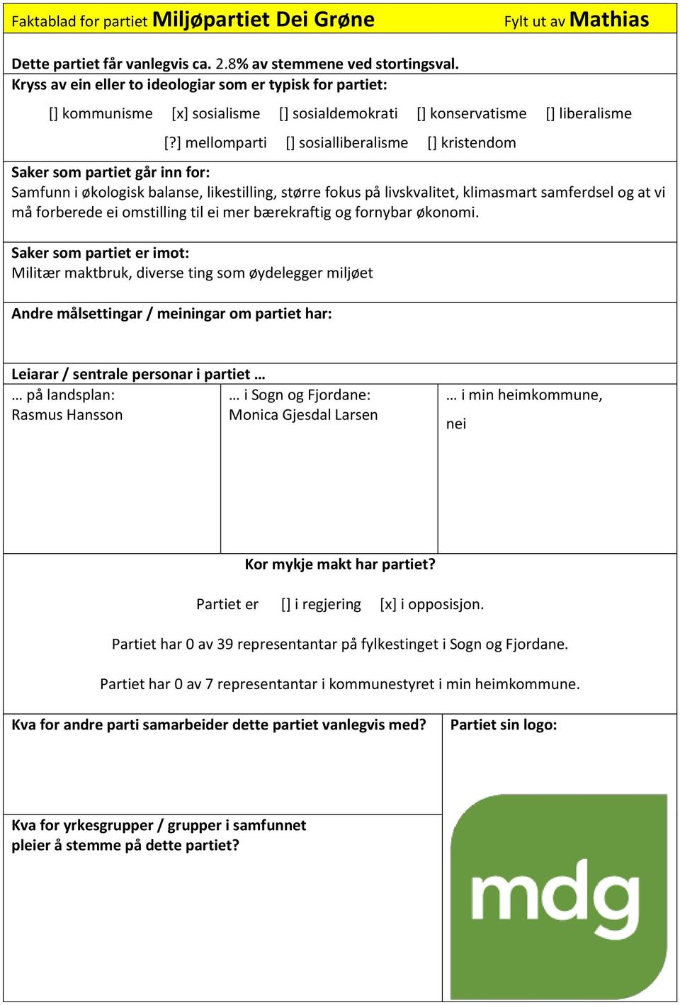 ] mellomparti [] sosialliberalisme [] kristendom Samfunn i økologisk balanse, likestilling, større fokus på livskvalitet, klimasmart samferdsel og at vi må forberede ei