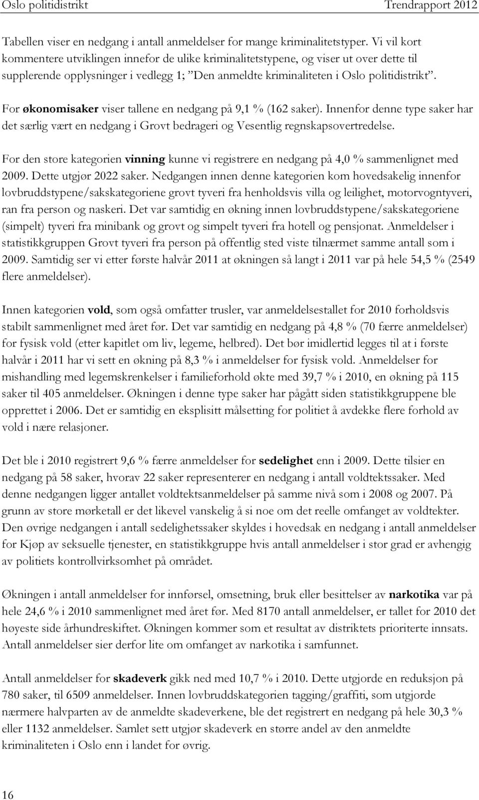 For økonomisaker viser tallene en nedgang på 9,1 % (162 saker). Innenfor denne type saker har det særlig vært en nedgang i Grovt bedrageri og Vesentlig regnskapsovertredelse.