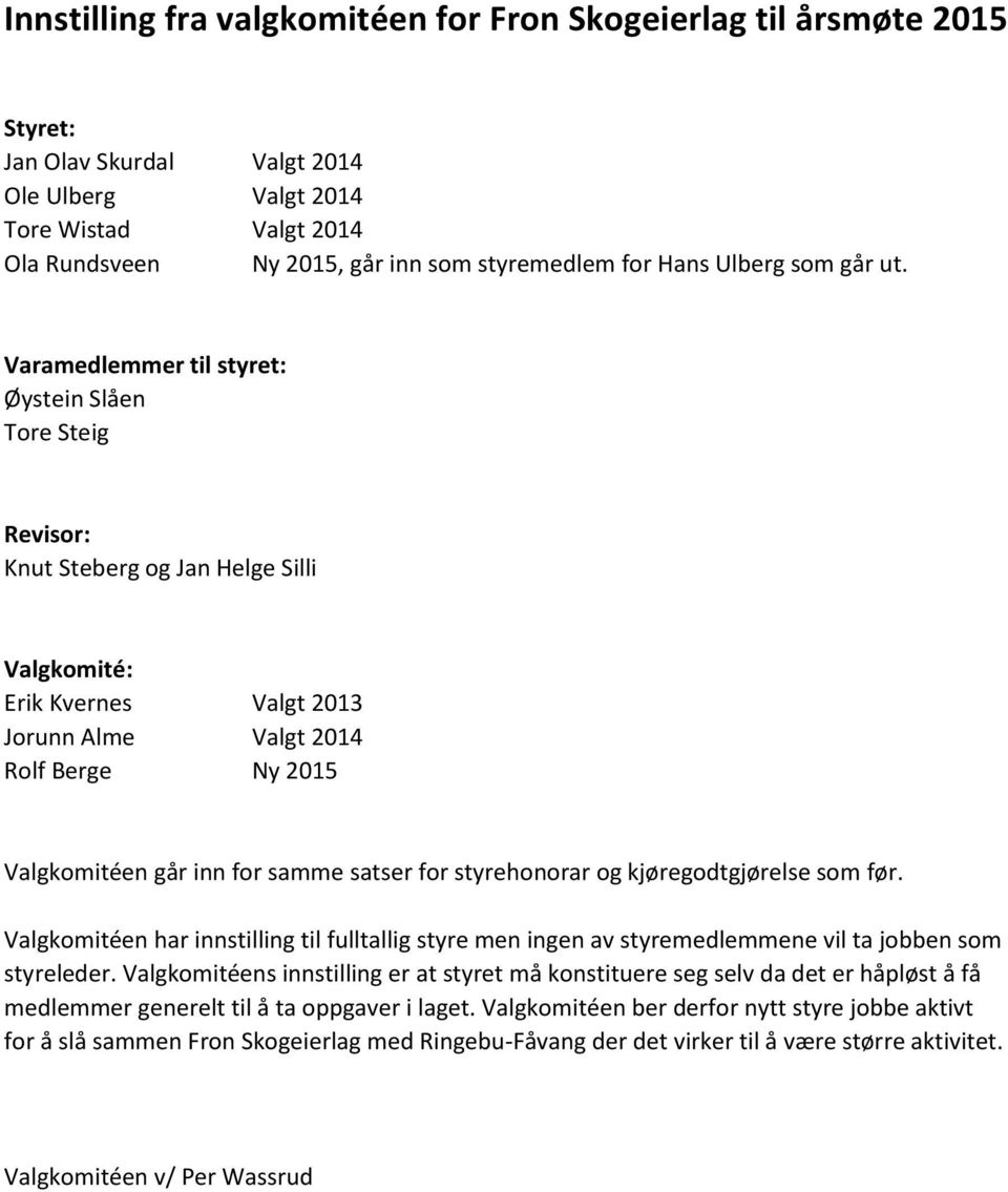 Varamedlemmer til styret: Øystein Slåen Tore Steig Revisor: Knut Steberg og Jan Helge Silli Valgkomité: Erik Kvernes Valgt 2013 Jorunn Alme Valgt 2014 Rolf Berge Ny 2015 Valgkomitéen går inn for