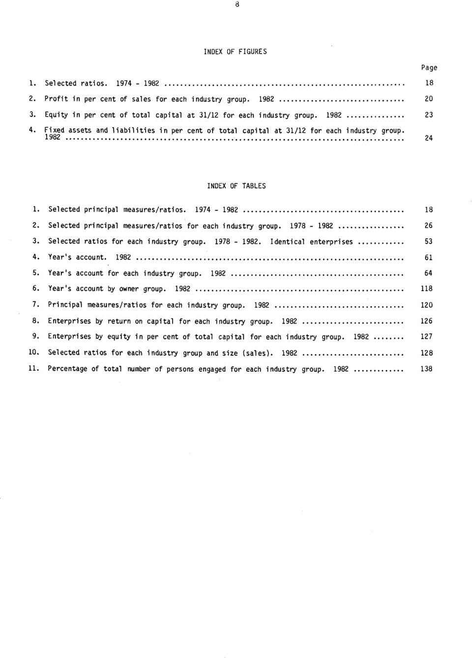 Selected principal measures/ratios for each industry group. 1978-1982 26 3. Selected ratios for each industry group. 1978-1982. Identical enterprises 53 4. Year's account. 1982 61 5.