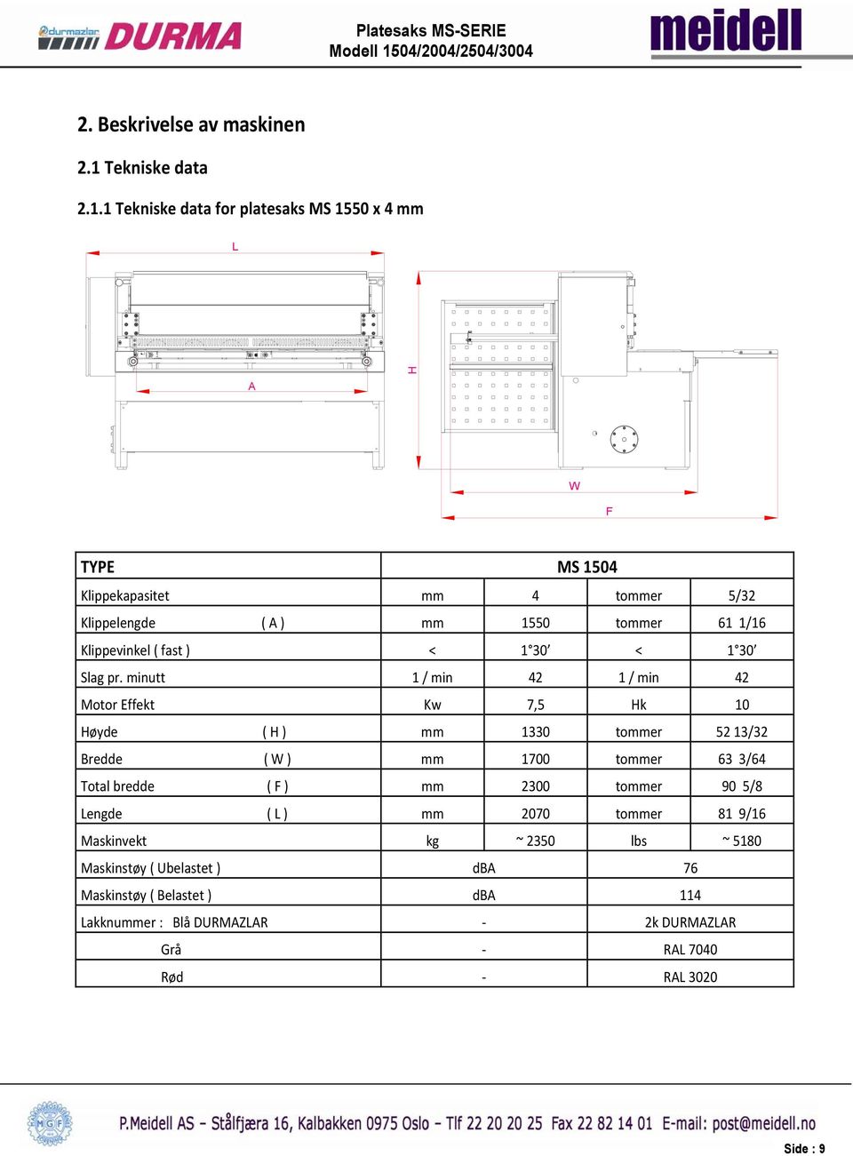 1 Tekniske data for platesaks MS 1550 x 4 mm L A H W F TYPE MS 1504 Klippekapasitet mm 4 tommer 5/32 Klippelengde ( A ) mm 1550 tommer 61 1/16