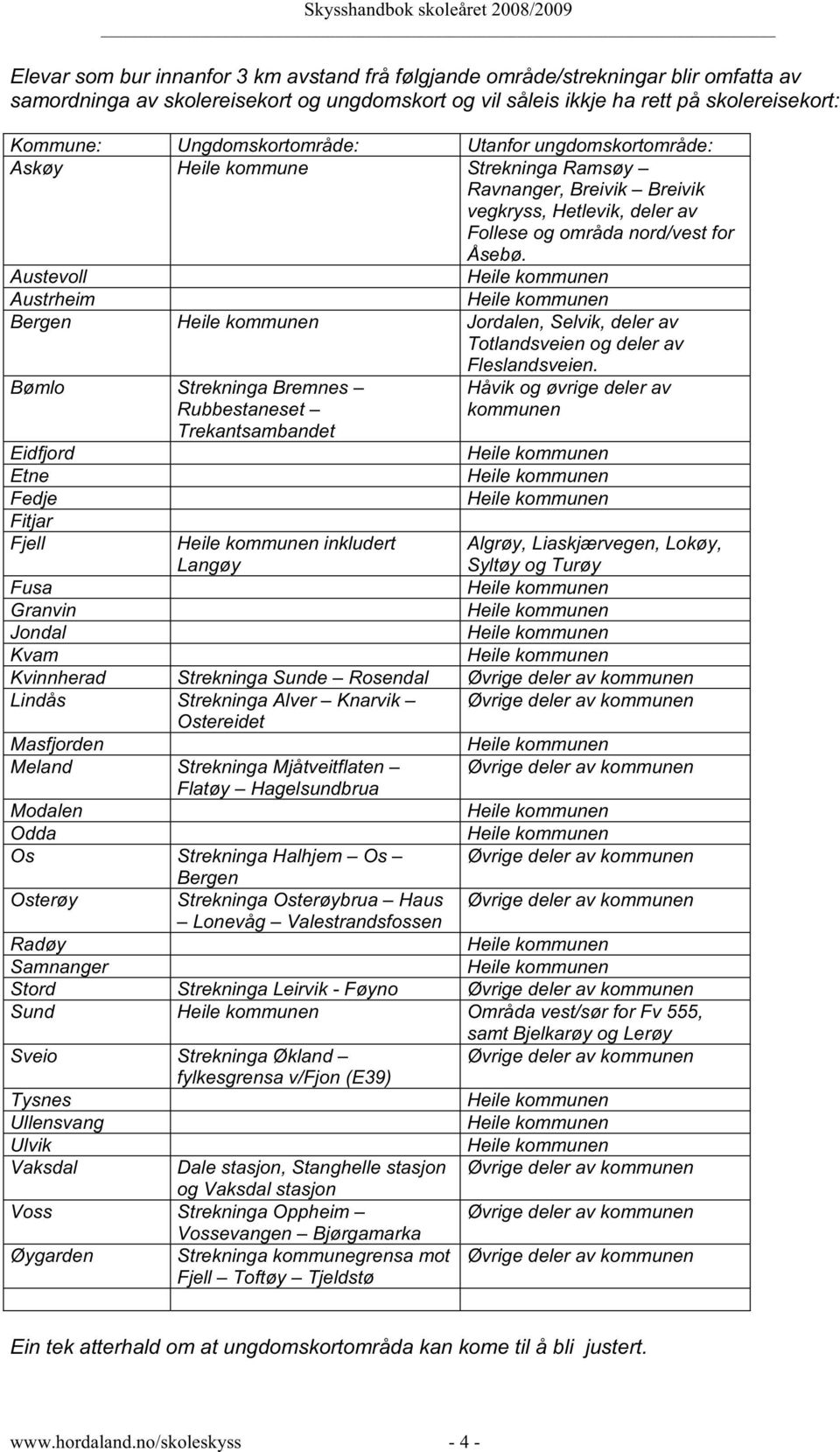 Austevoll Heile kommunen Austrheim Heile kommunen Bergen Heile kommunen Jordalen, Selvik, deler av Totlandsveien og deler av Fleslandsveien.