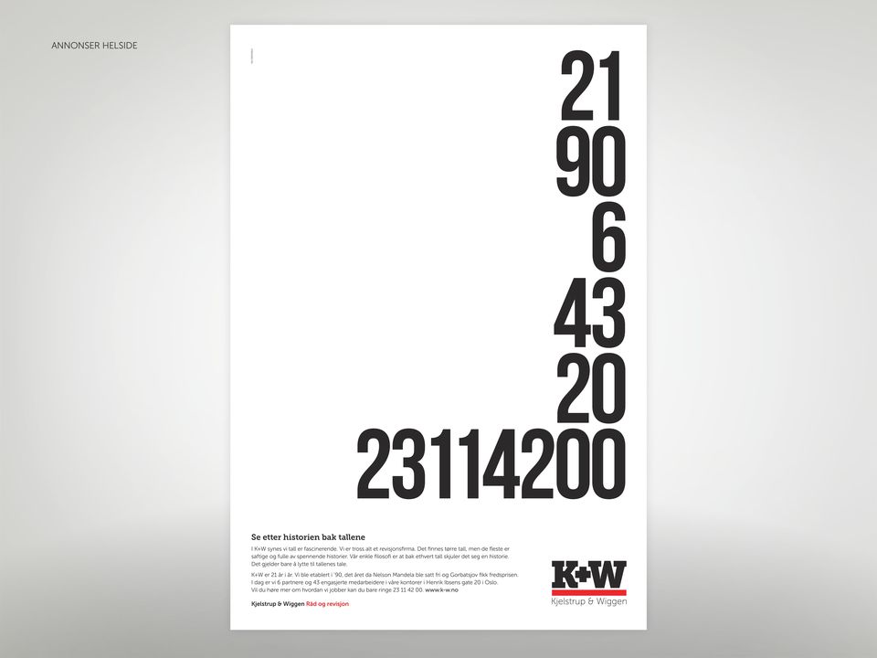 Det gjelder bare å lytte til tallenes tale. K+W er 21 år i år. Vi ble etablert i 90, det året da Nelson Mandela ble satt fri og Gorbatsjov fikk fredsprisen.