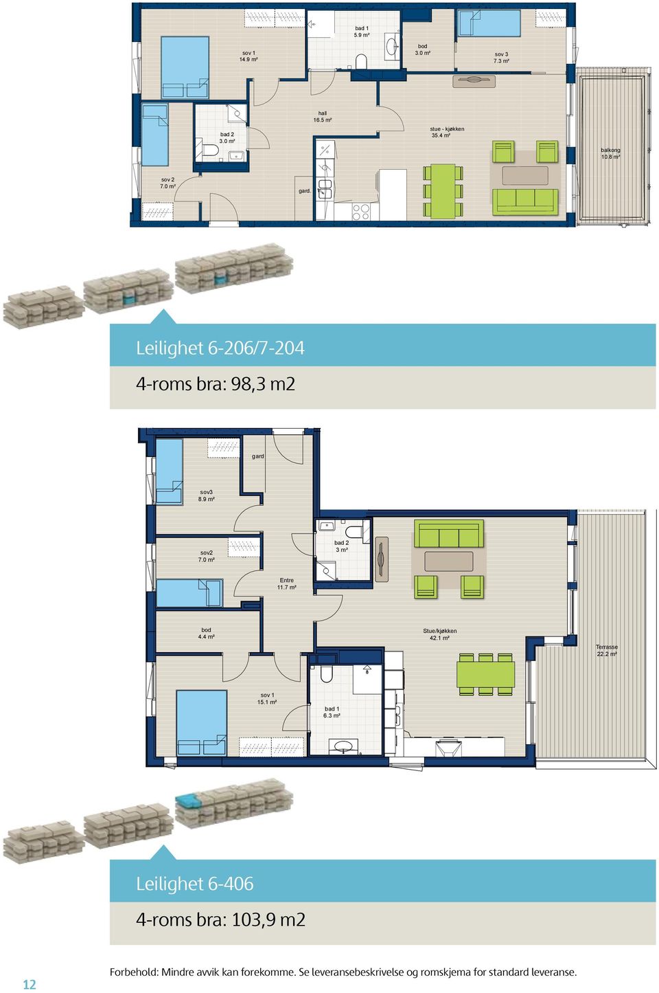 9 m² sov2 7.0 m² bad 2 3 m² Entre 11.7 m² 4.4 m² Stue/kjøkken 42.1 m² Terrasse 22.2 m² 15.1 m² bad 1 6.