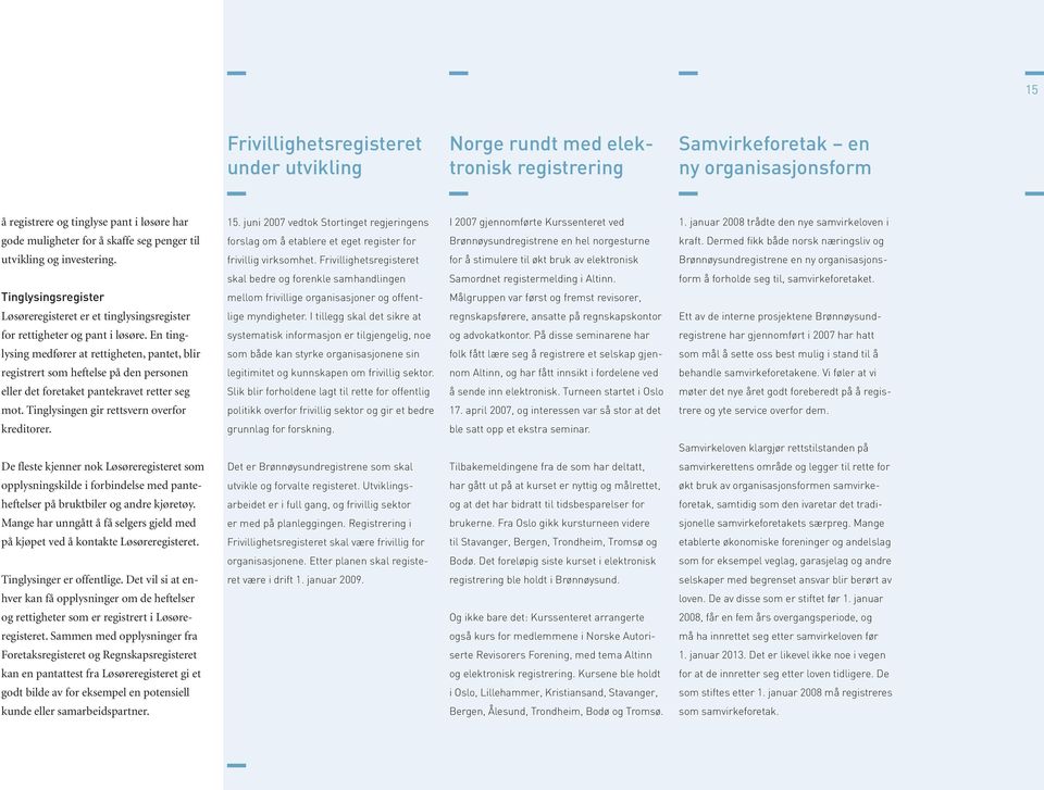 Frivillighetsregisteret I 2007 gjennomførte Kurssenteret ved Brønnøy sundregistrene en hel norgesturne for å stimulere til økt bruk av elektronisk 1. januar 2008 trådte den nye samvirkeloven i kraft.