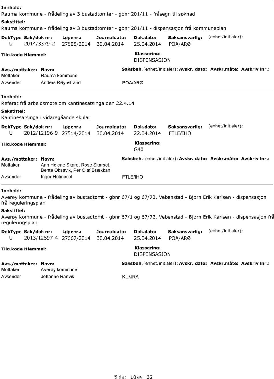 2014 FTLE/HO G40 Mottaker Ann Helene Skare, Rose Skarset, Bente Oksavik, Per Olaf Brækkan nger Holmeset FTLE/HO Averøy kommune - frådeling av bustadtomt - gbnr 67/1 og 67/72, Vebenstad - Bjørn Erik