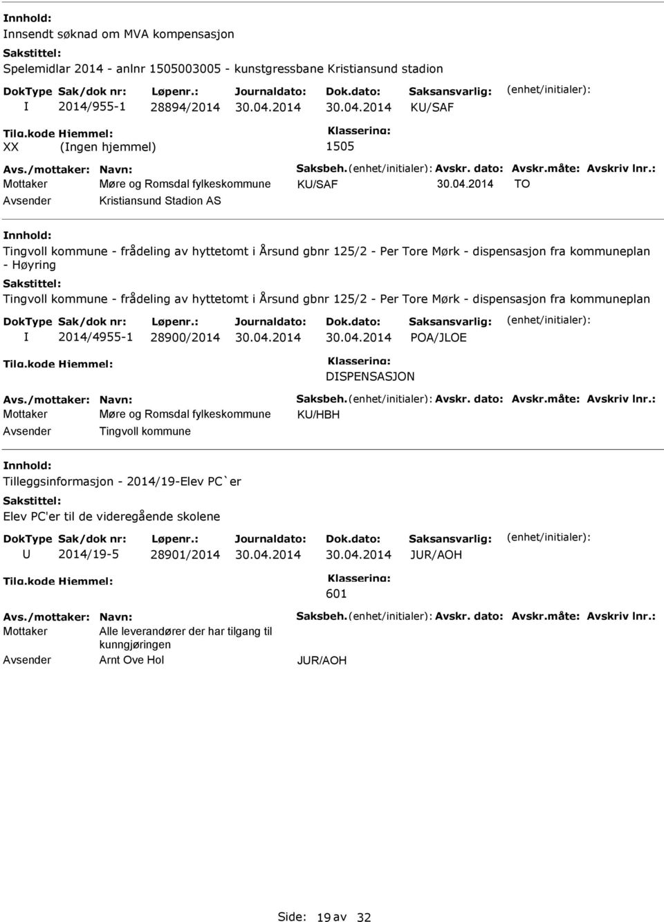 frådeling av hyttetomt i Årsund gbnr 125/2 - Per Tore Mørk - dispensasjon fra kommuneplan 2014/4955-1 28900/2014 POA/JLOE DSPENSASJON Mottaker Møre og Romsdal fylkeskommune K/HBH Tingvoll