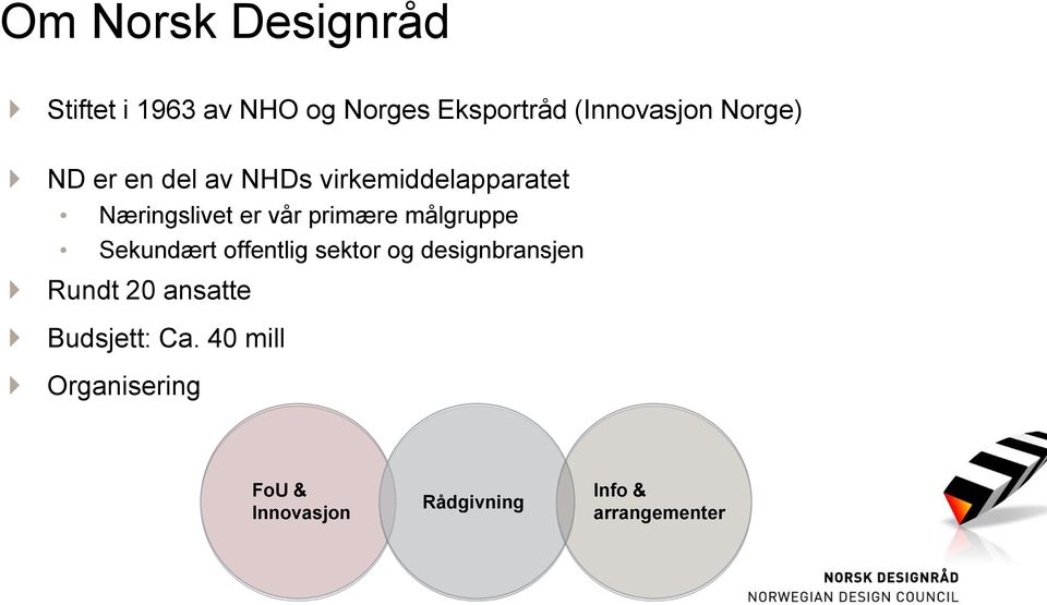 målgruppe Sekundært offentlig sektor og designbransjen Rundt 20 ansatte